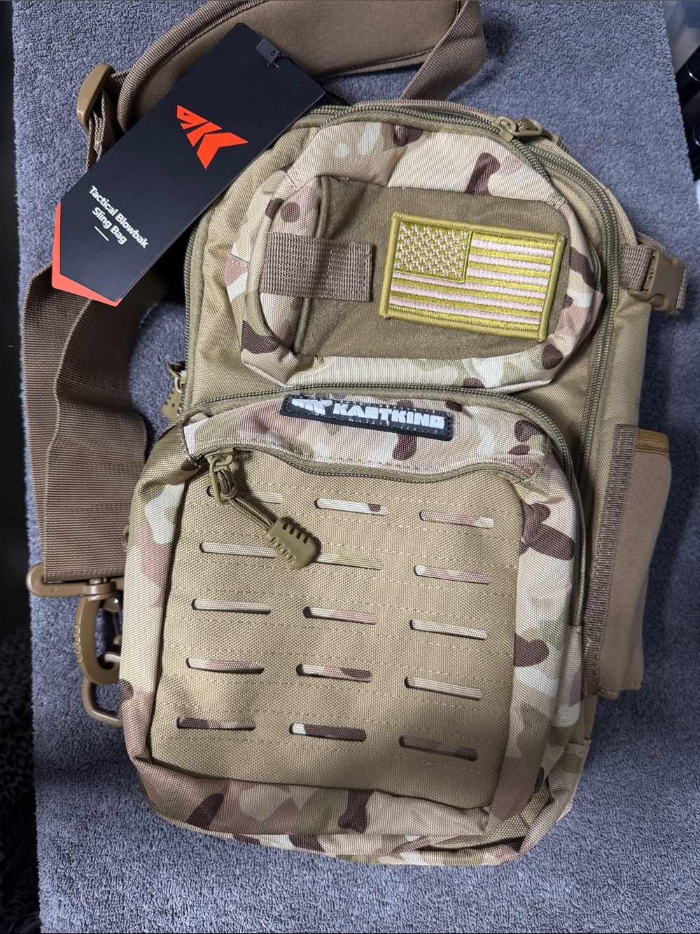 NWT KastKing BlowBak Tactical Fishing Sling Bag - Khaki Camo Multicam Tan B13